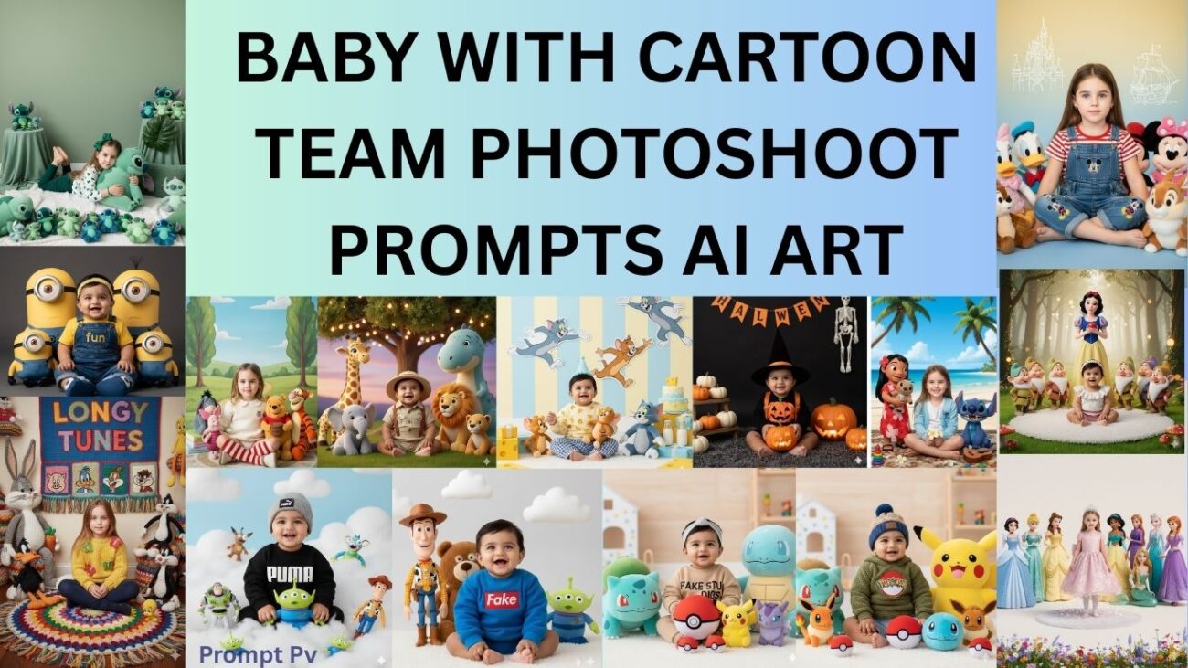 Baby with cartoon team photoshoot prompts AI art
