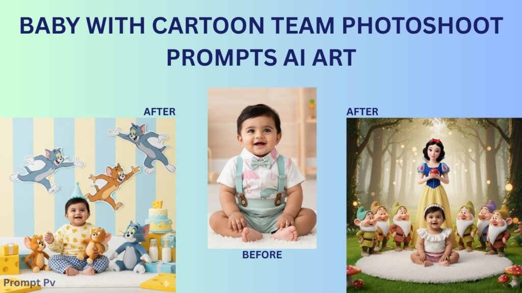 Baby with cartoon team photoshoot prompts AI art6